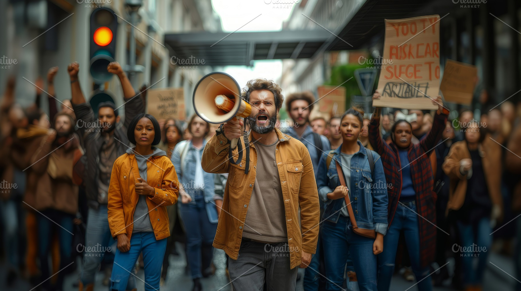 Diverse Group of People Marching in Protest with Signs and Megaphone, a Photo by AS photostudio