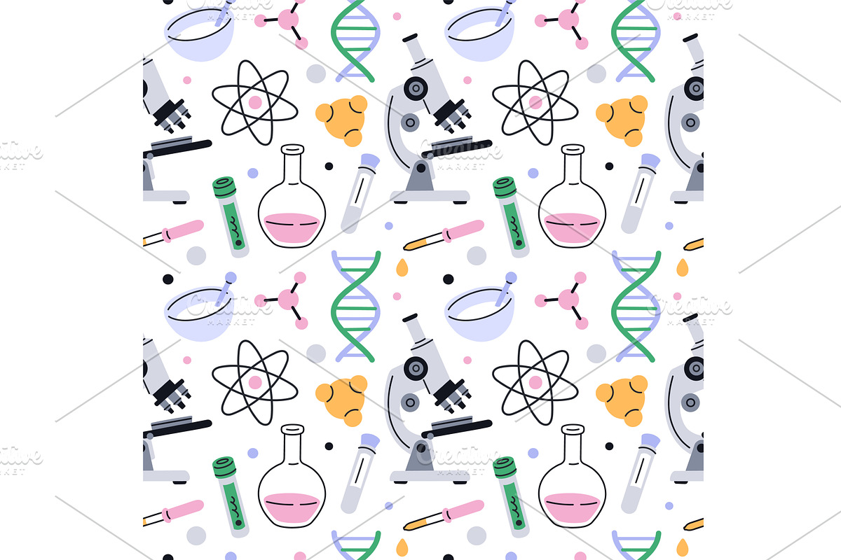Chemistry tools seamless pattern, an Illustration by YummyBuum