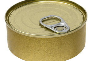 Closed golden colored tin can with quick opening ring, a Food & Drink Photo by ndanko