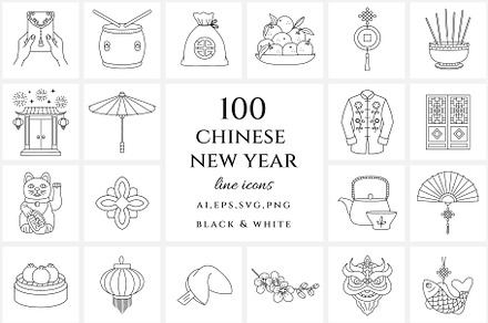 Lunar New Year line icon set