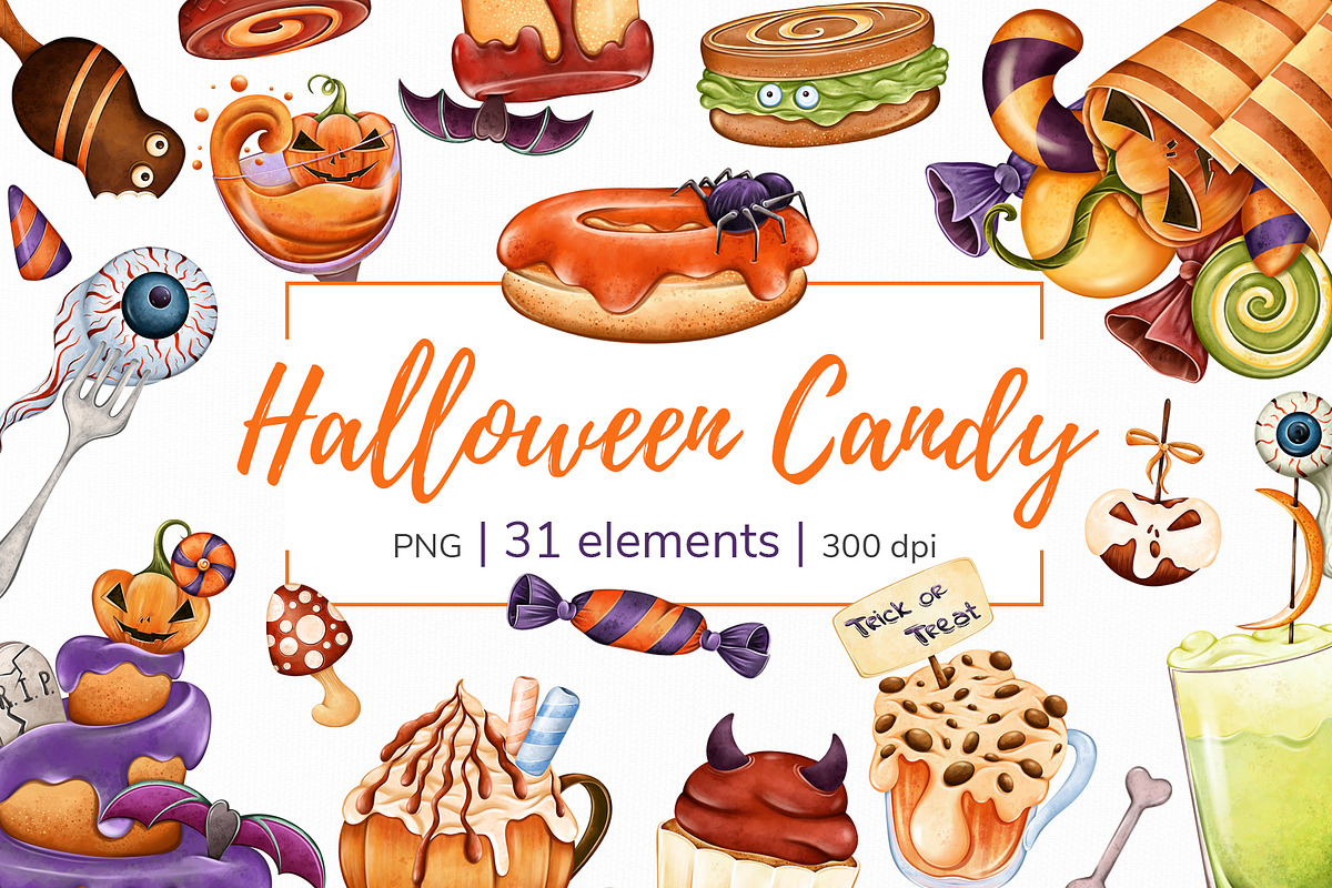 Cute Halloween candy Clipart PNG Se, a Food Illustration by Mespilia (Photo 1 of 5)