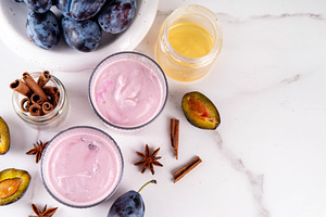 Tasty sweet plum yogurt or smoothie, a Food & Drink Photo by Rimma