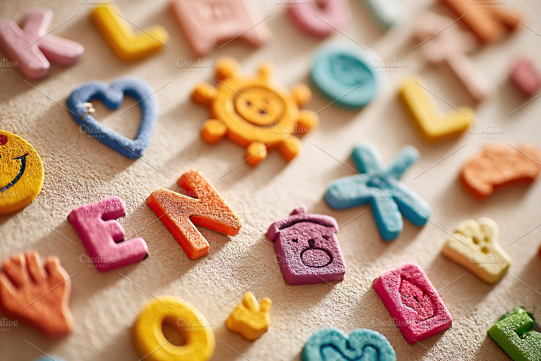 Colorful alphabet magnets arranged on a surface during a playful learning activ, a Background Photo by AlyaAnd
