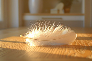 White Feather on Wooden Floor in Warm Sunlight, a Background Photo by José Manuel Gelpi