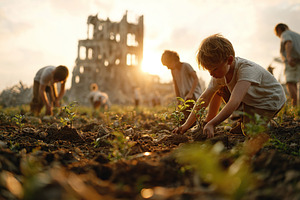 Children planting trees in a bomb-scarred landscape under sunset, a Photo by AlyaAnd