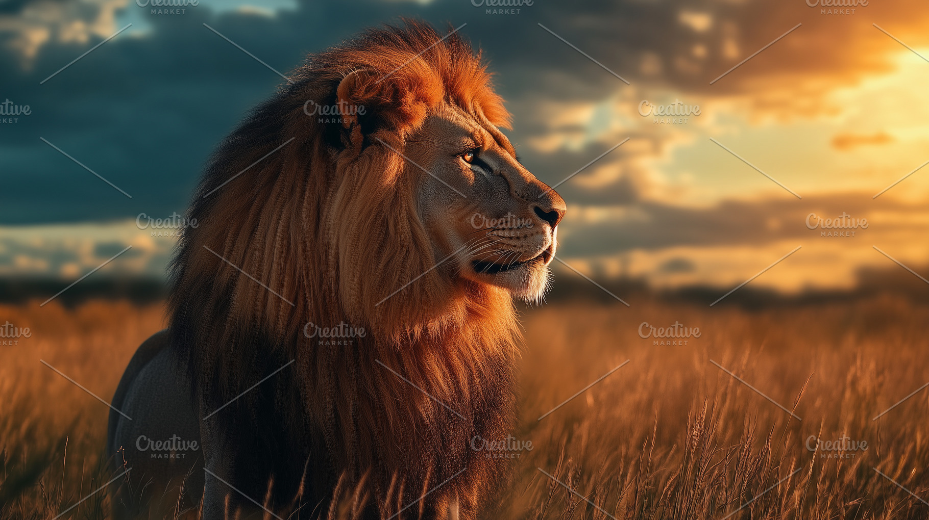 Side view lion portrait at sunset, an Animal Photo by MistyDay