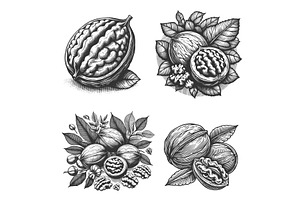 Walnuts engraving set vector, a Food Illustration by AlexArt