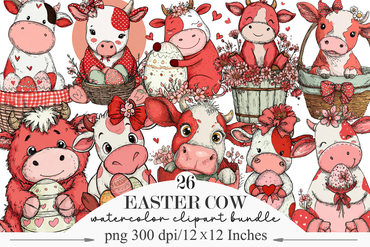 Whimsical Easter Cow Clipart, an Illustration by Designking (Photo 1 of 5)