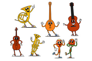 Cartoon groovy musical instruments, an Object Illustration by Vector Tradition