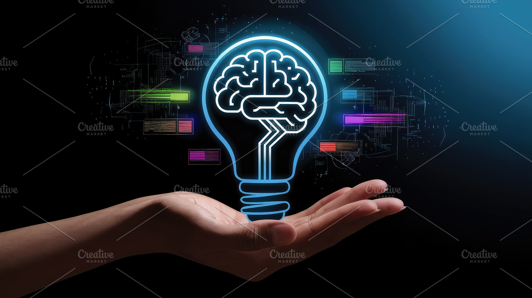 Digital brain in a floating light bu, a Business Photo by Perpis