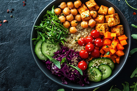 Colorful vegan bowl with tofu, chick, a Background Photo by Pixeness