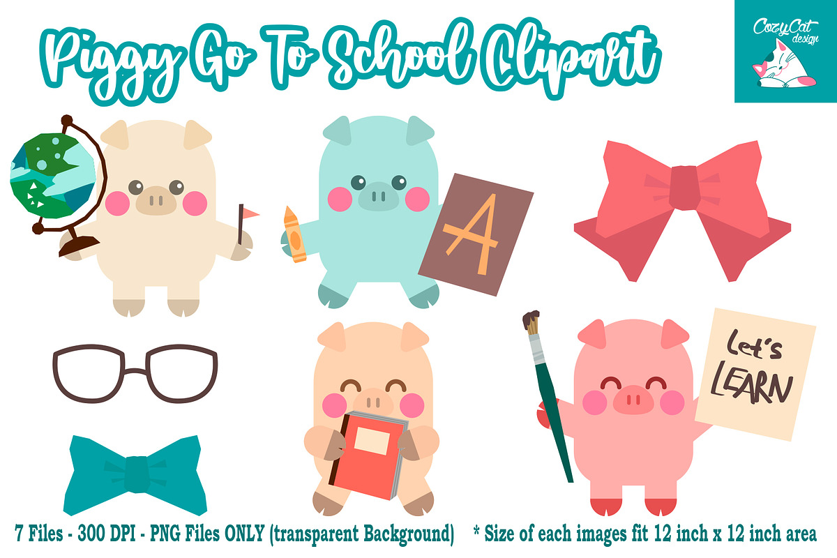 Piggy Go to School Clipart, an Object Graphic by Cozy Cat Design (Photo 2 of 3)