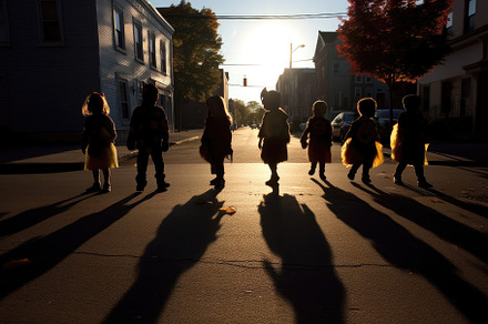 The silhouettes of children in various costumes parading on the, a Holiday Photo by designvectx