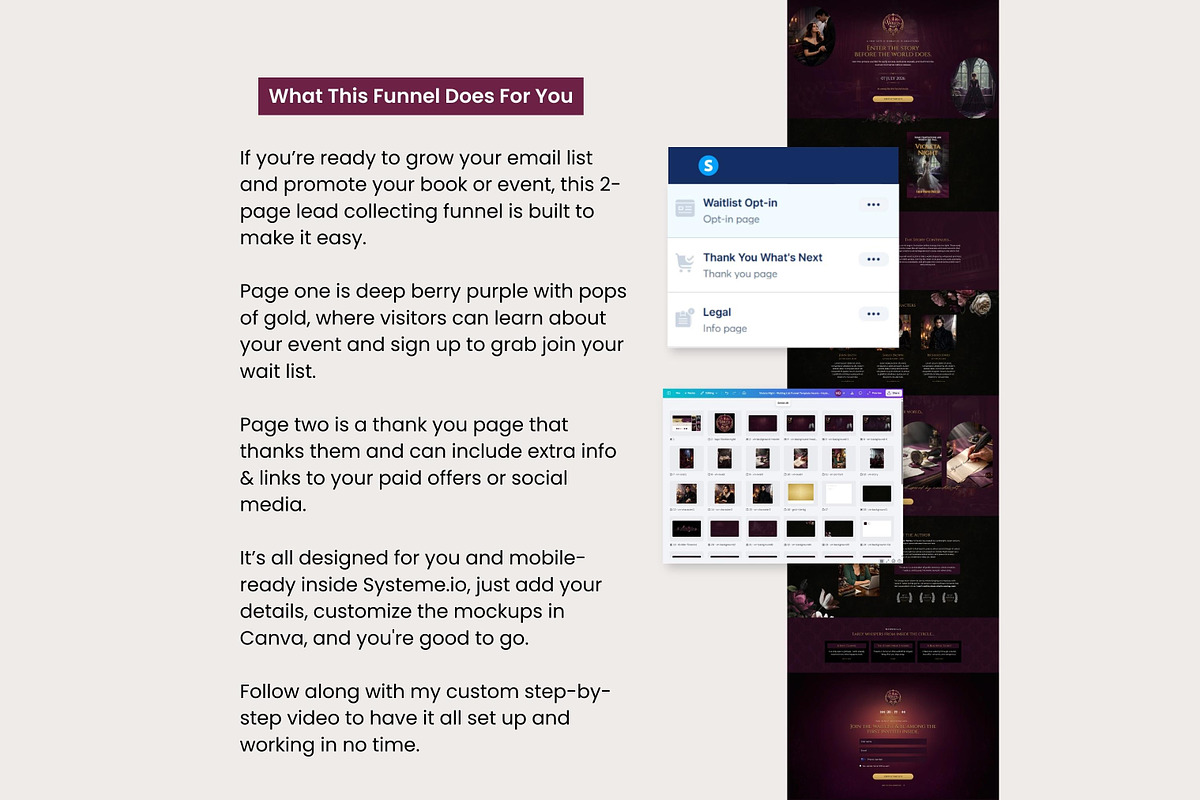 Systeme.io Violeta Night Waitlist, a Landing Page Template by Hayley's Digital Hub (Photo 2 of 10)
