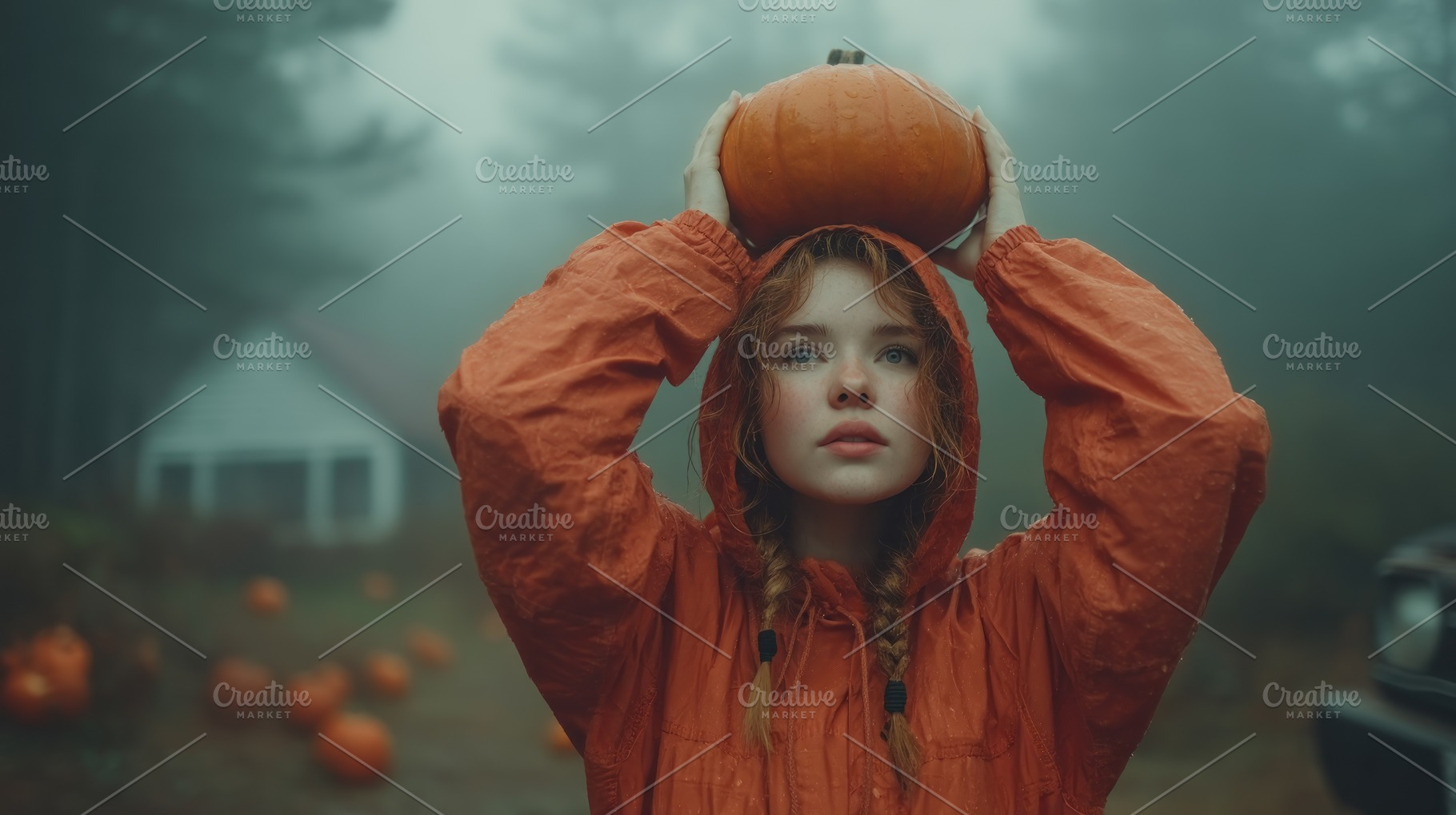Girl in orange raincoat holding pumpkin on head in misty forest, a Person Photo by José Manuel Gelpi