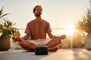Meditation practice at sunset in a serene outdoor space with plants, a Photo by AlyaAnd