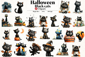 Halloween Black cats Clipart, an Illustration by Watercolor design