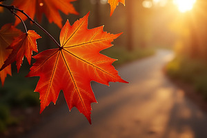 Vibrant red maple leaf bathed in gol, a Background Photo by Artonix