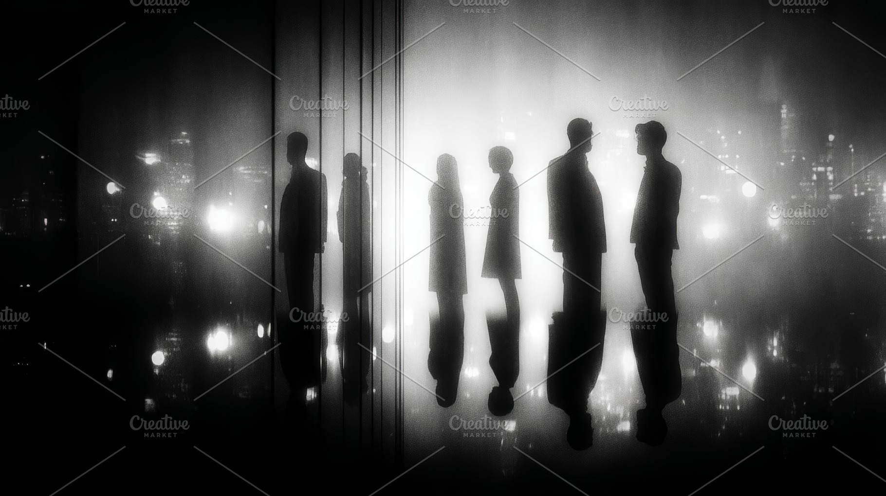 Business employees in silhouette standing with reflections against a moody city, a Photo by AS photostudio