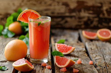 Glass of grapefruit juice with fresh fruit on wooden background, a Food & Drink Photo by AlyaAnd