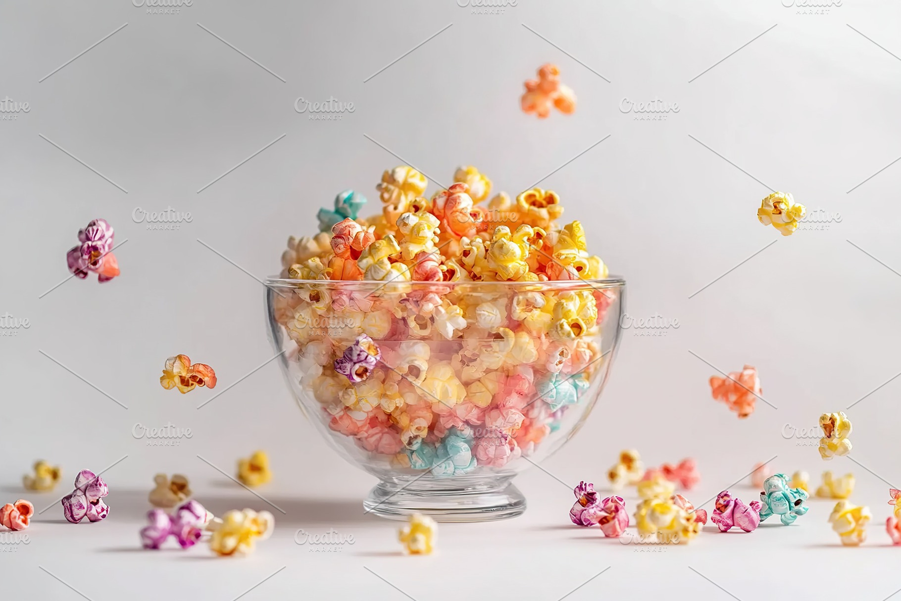 Colorful bowl of hot popcorn on a white surface with scattered pieces around it, a Food & Drink Photo by AlyaAnd