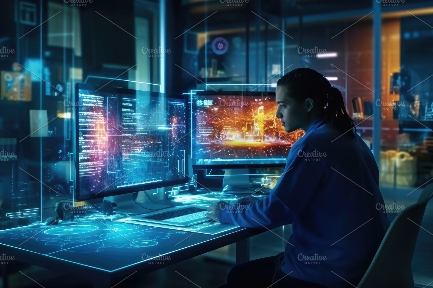 A photo of a person using a holographic display to interact with, a Technology Photo by designvectx