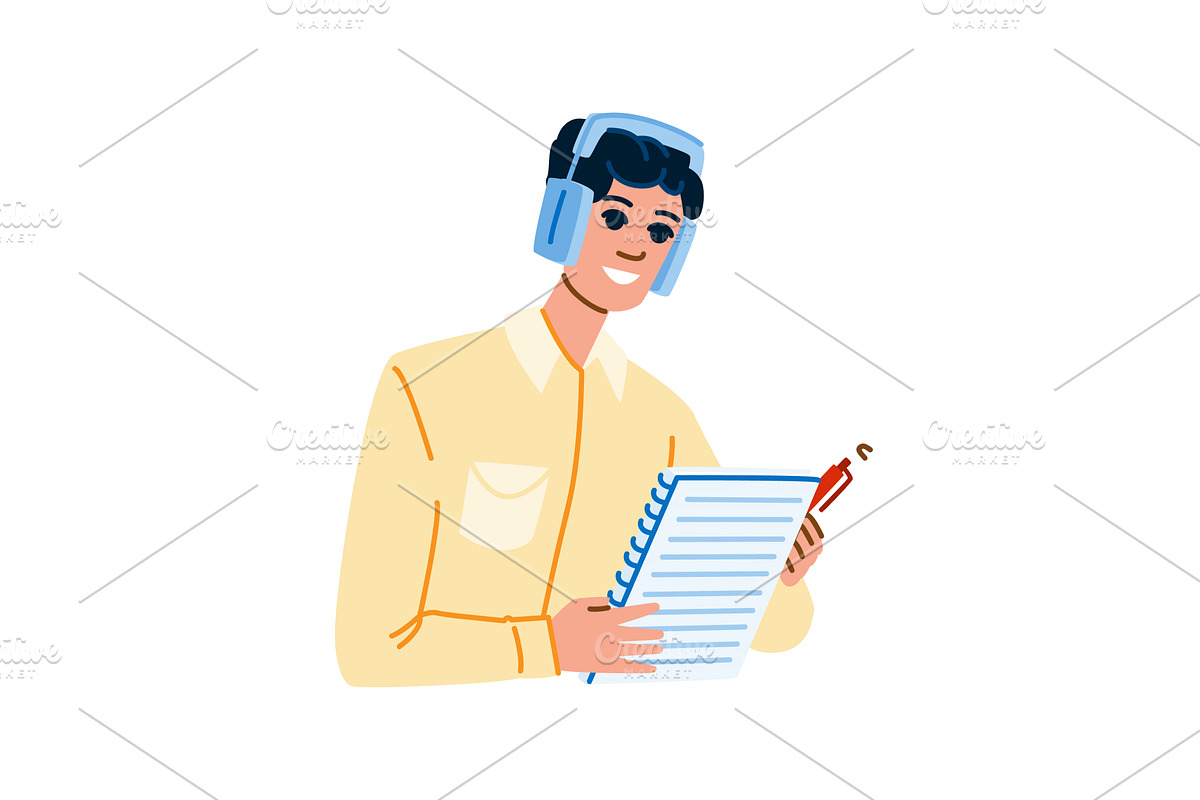 Smiling student wearing headphones, an Education Illustration by pikepicture