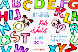Watercolor Kids Alphabet, Cute Faces