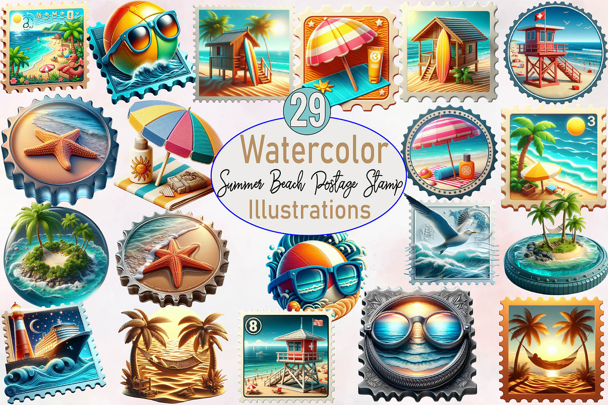 Summer Beach Postage Stamp Bundle, an Illustration by SVGArt (Photo 1 of 8)