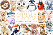 Watercolor Animals Cute Baby Animal, an Illustration by SinaCreation (Thumbnail 1 of 7)