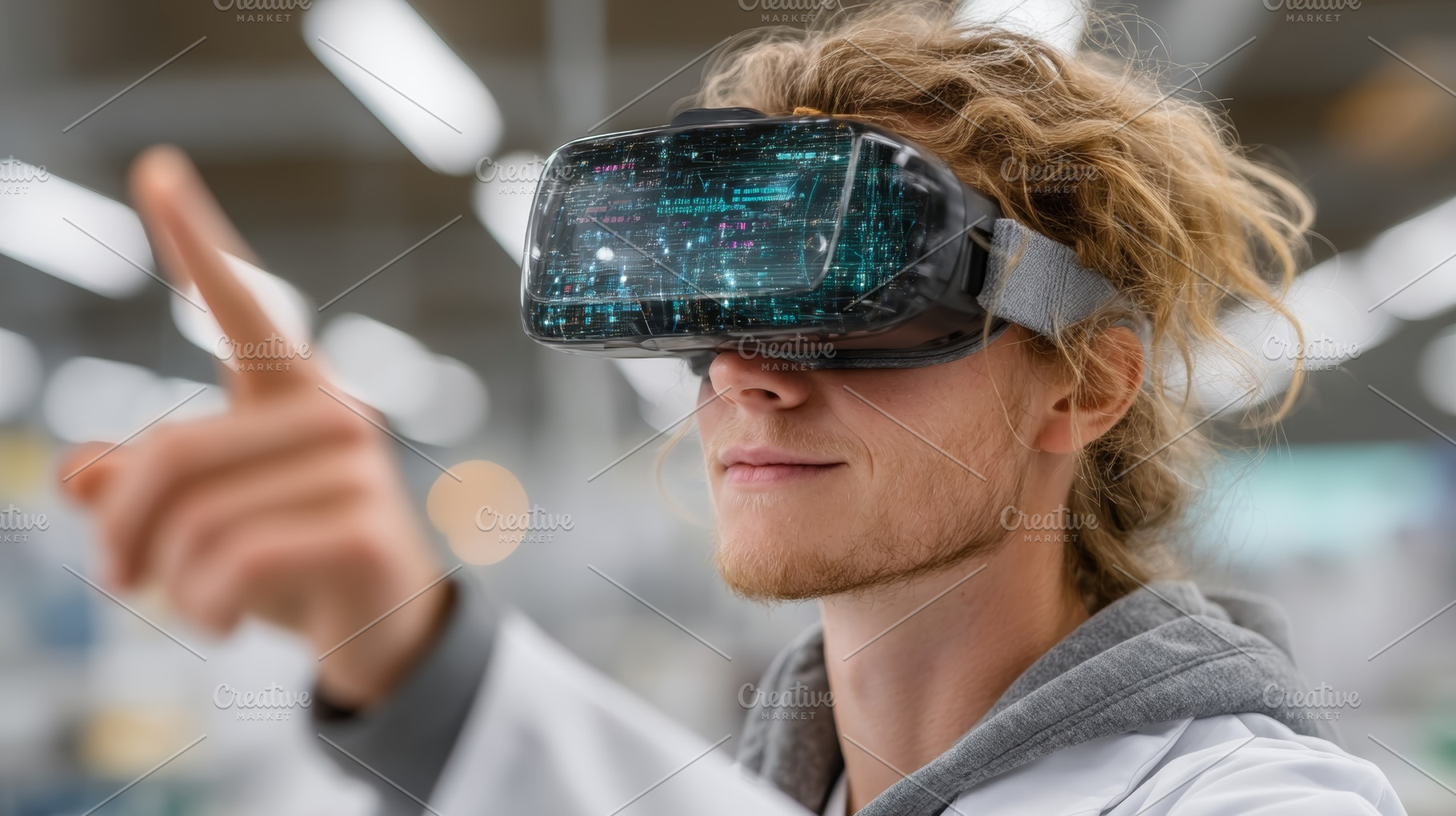 Scientist using a virtual reality headset for research in a laboratory environm, a Health & Medical Photo by AS photostudio