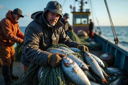 Fisherman holding a net with freshly, an Industrial Photo by angellodeco