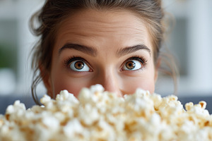 Young woman with wide eyes looks, a Food & Drink Photo by MistyDay