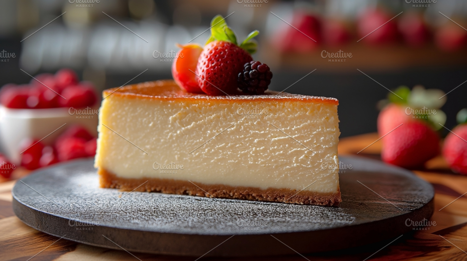 A delectable slice of creamy cheesecake topped with fresh strawb, a Food & Drink Photo by ImageMir