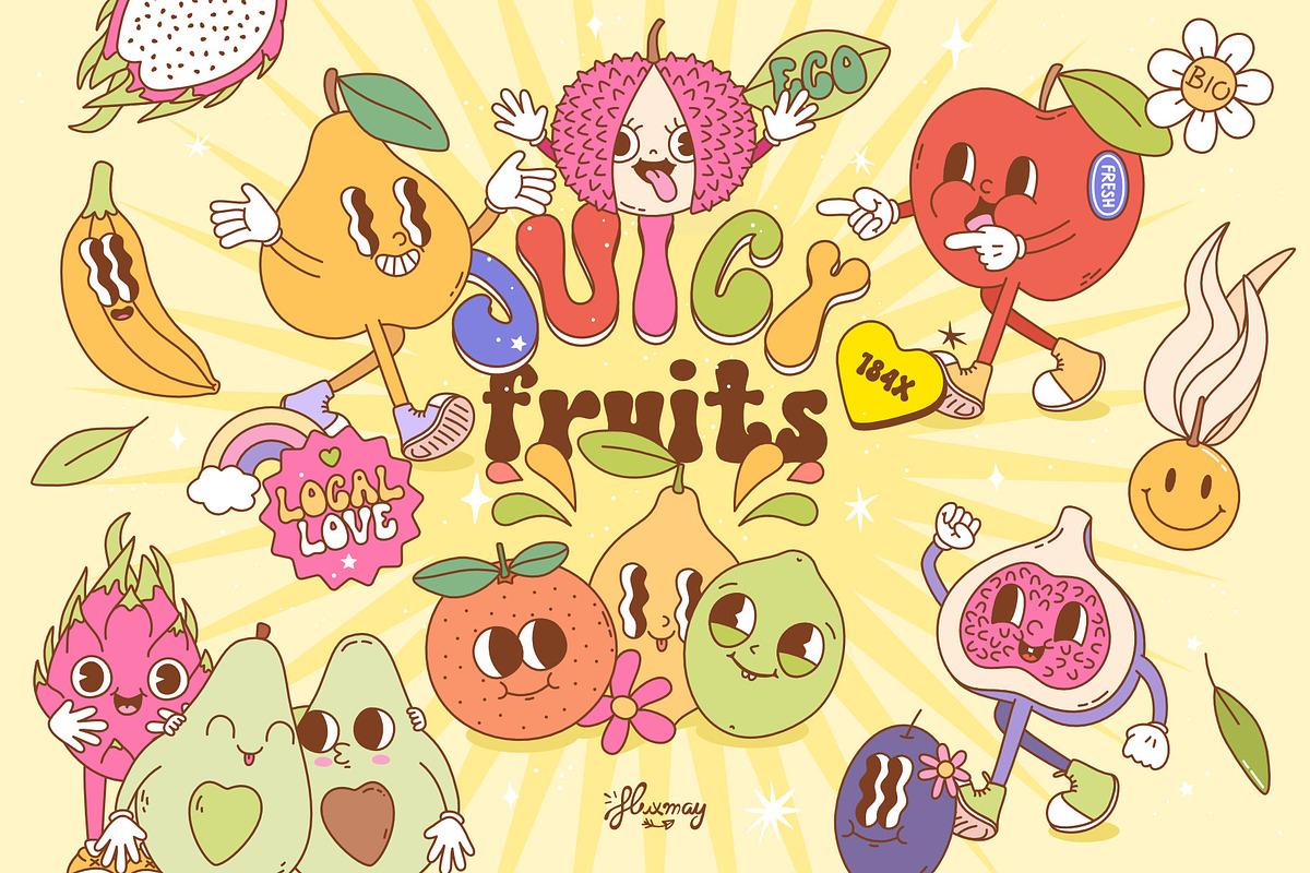 Groovy Retro Fruit Characters bundle, a Food Illustration by Huxmay (Photo 1 of 7)