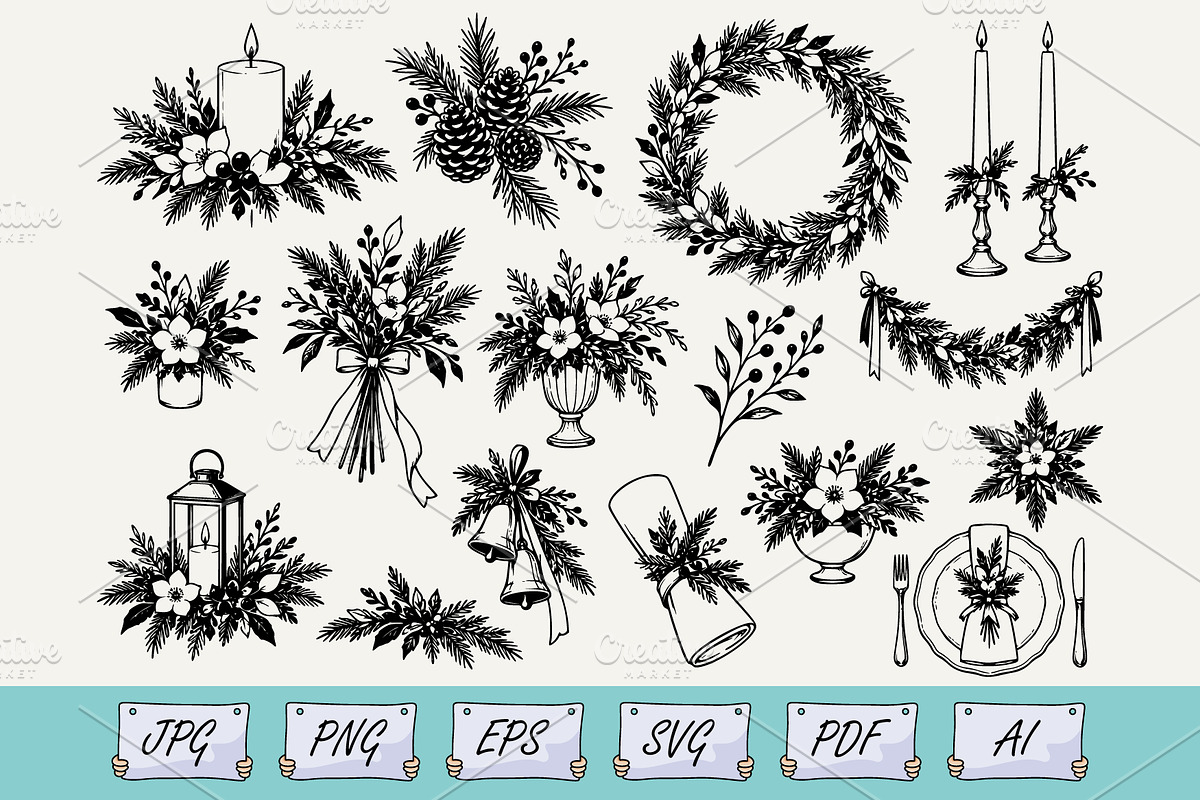 Christmas Botanical Doodle SVG Set, an Object Illustration by Ghagra (Photo 1 of 3)