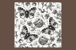 Seamless Flowers Roses Butterflies