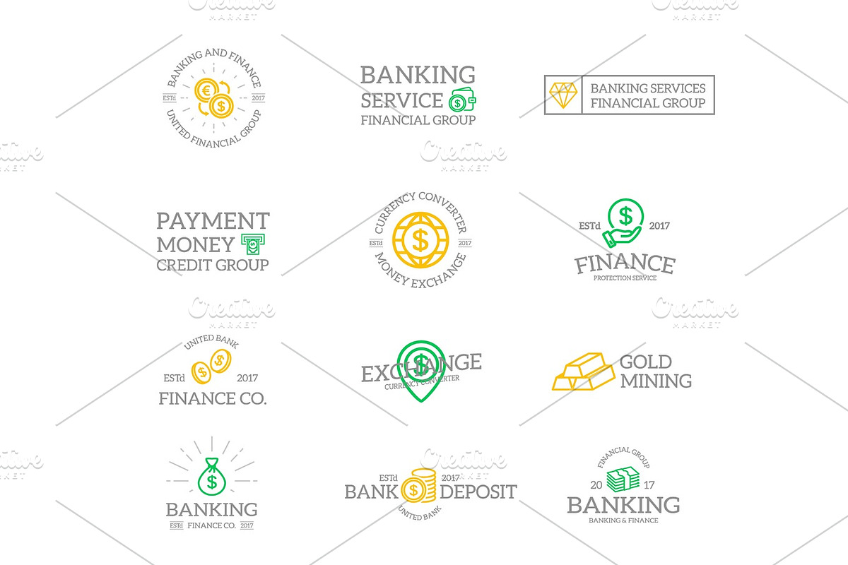 Set of retro vintage money and bank logo or insignia, emblems, labels ...