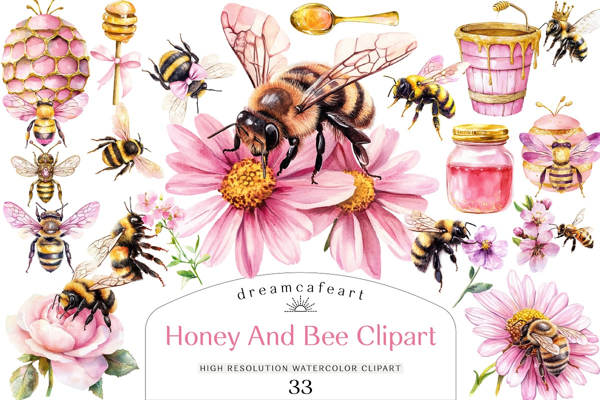 Watercolor Honey And Bee Clipart, an Illustration by DreamCafeArt (Photo 1 of 5)