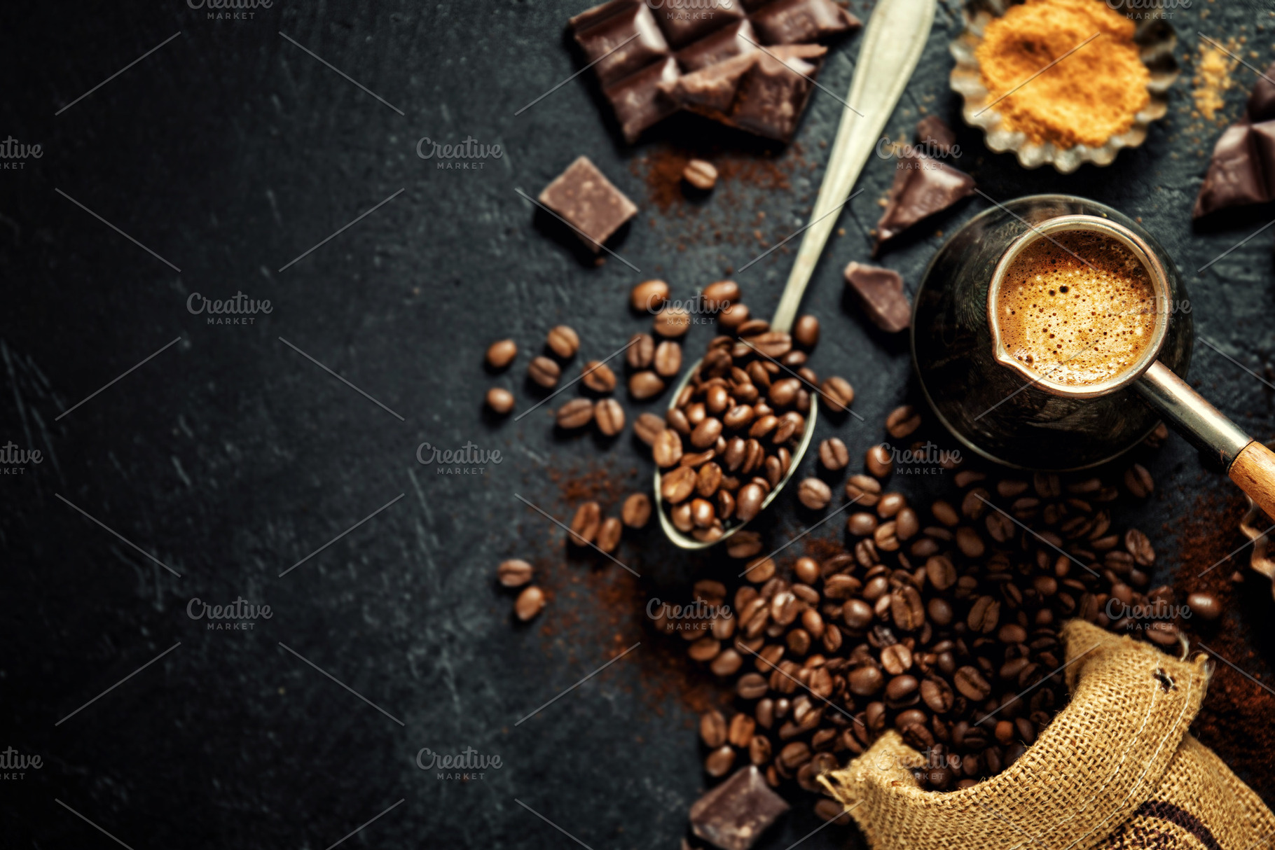 Coffee beans with props for making c featuring coffee, background, and concept, a Food & Drink Photo by Valeria Art