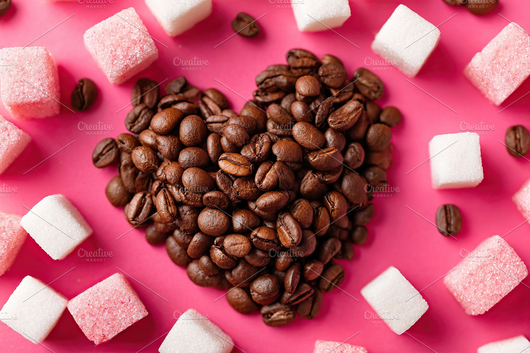 Creative heart shape made with coffee beans surrounded by sugar cubes on a pink, a Food & Drink Photo by AlyaAnd