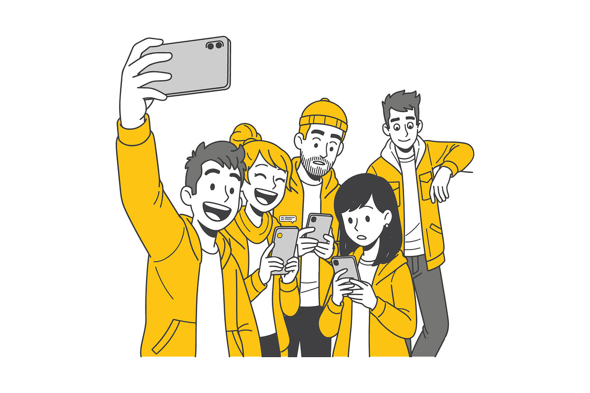 Friends taking selfie vector, a Person Illustration by MkStudio