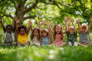 Happy diverse kids playing outdoors, a Photo by Pixeness Studio