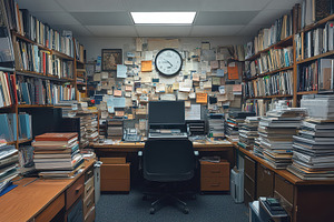 Workspace filled with books, notes,, a Photo by Tanuart