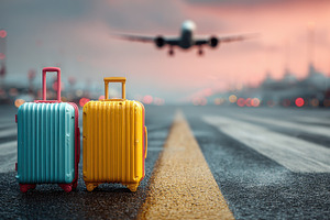 Suitcases on runway plane landing tr, a Photo by Pixeness Studio