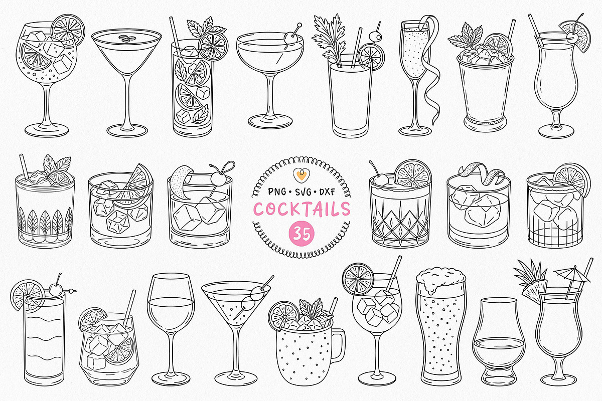 Cocktail Bundle, Line Art Clipart, a Food Illustration by Pretty Meerkat (Photo 1 of 8)