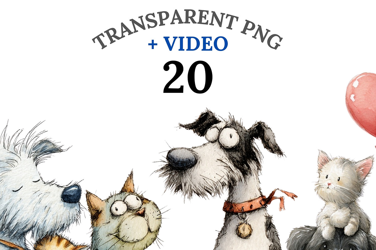 20 Whimsical Cat and Dog PNG Clipart, an Animal Illustration by Pati Charm Studio (Photo 1 of 8)