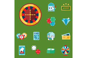 Casino game poker gambler symbols blackjack cards money winning roulette joker vector illustration., an Illustration by Vectorstockersland