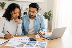 Young couple reviewing mortgage docu, a Photo by Dvoevnore photos
