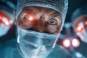 Close-up of surgeons with illuminated eyes in a futuristic hospital setting, a Health & Medical Photo by AS photostudio